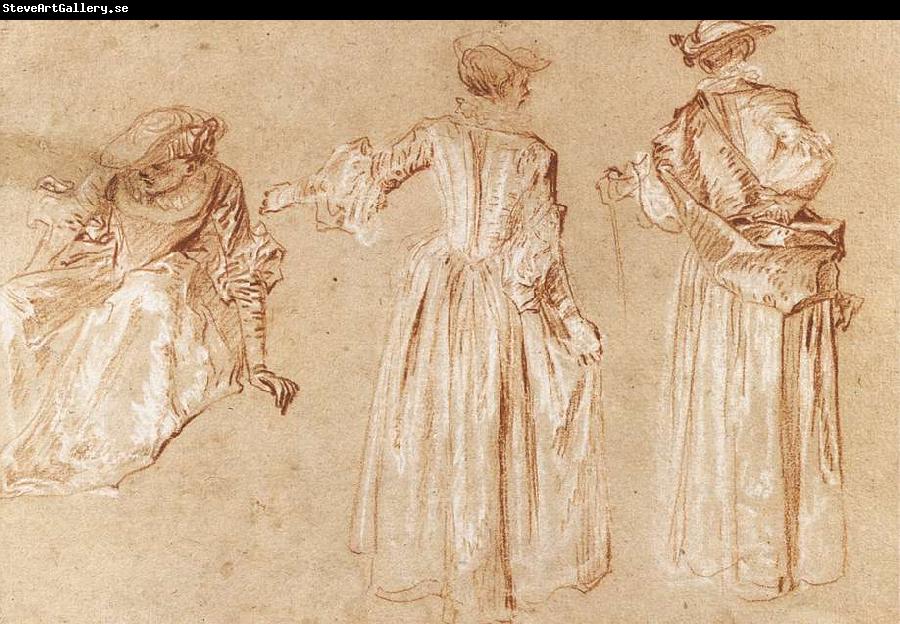 WATTEAU, Antoine Three Studies of a Lady with a Hat